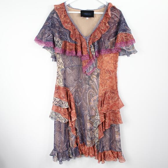 Costarellos Frill Ruffle Tiered Dress Bohemian Cottagcore Paisley Patches - Picture 5 of 13